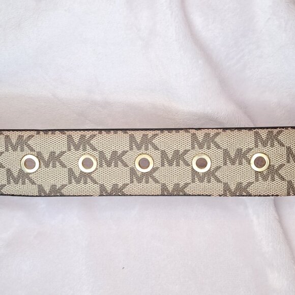 Michael Kors Womens MK Logo Print Tan Brown Belt Gold Buckle Size Small - Picture 6 of 11